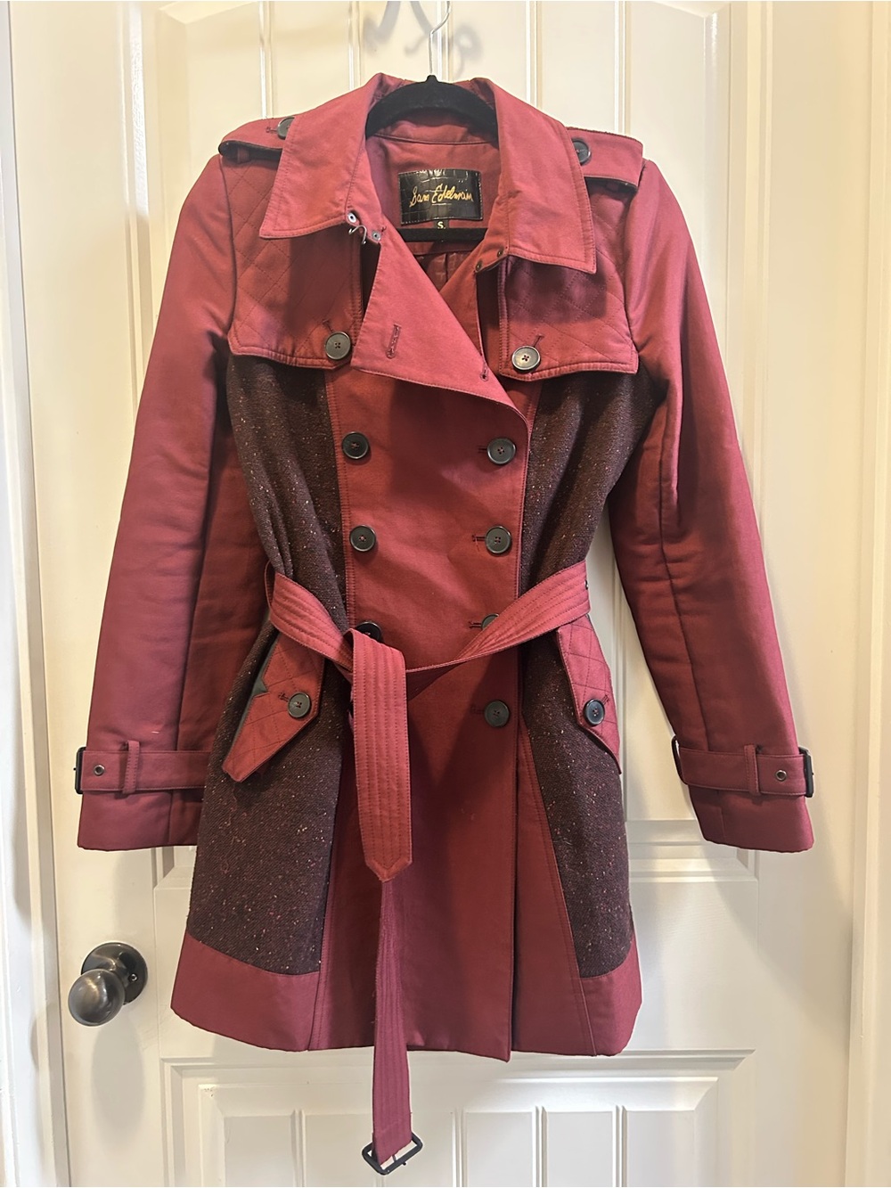 Sam Edelman Burgundy Double-Breasted Trench with Textured Panels